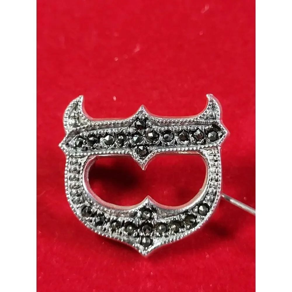 Vintage Sterling Silver 925 Marcasite Gemstones Face Mask Brooch Pin